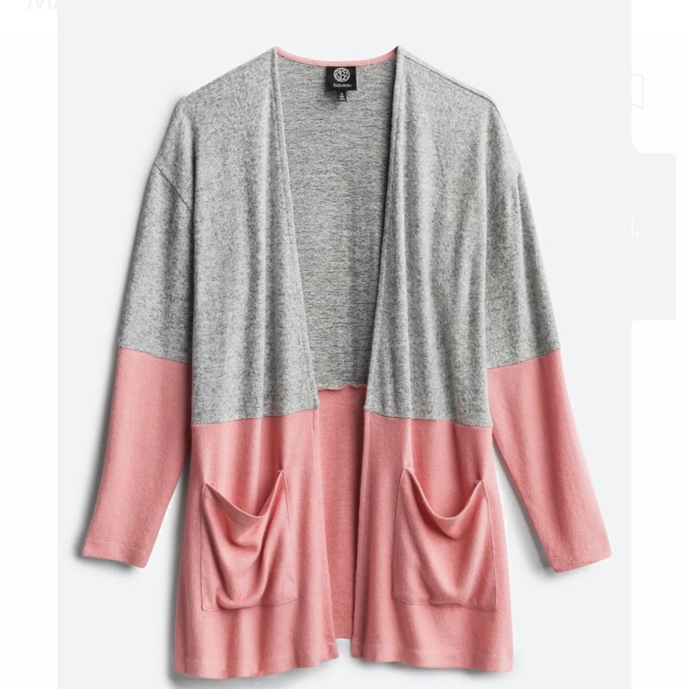 Bobeau's Mara 2 Pocket Open Cardigan, pink/grey, size Large